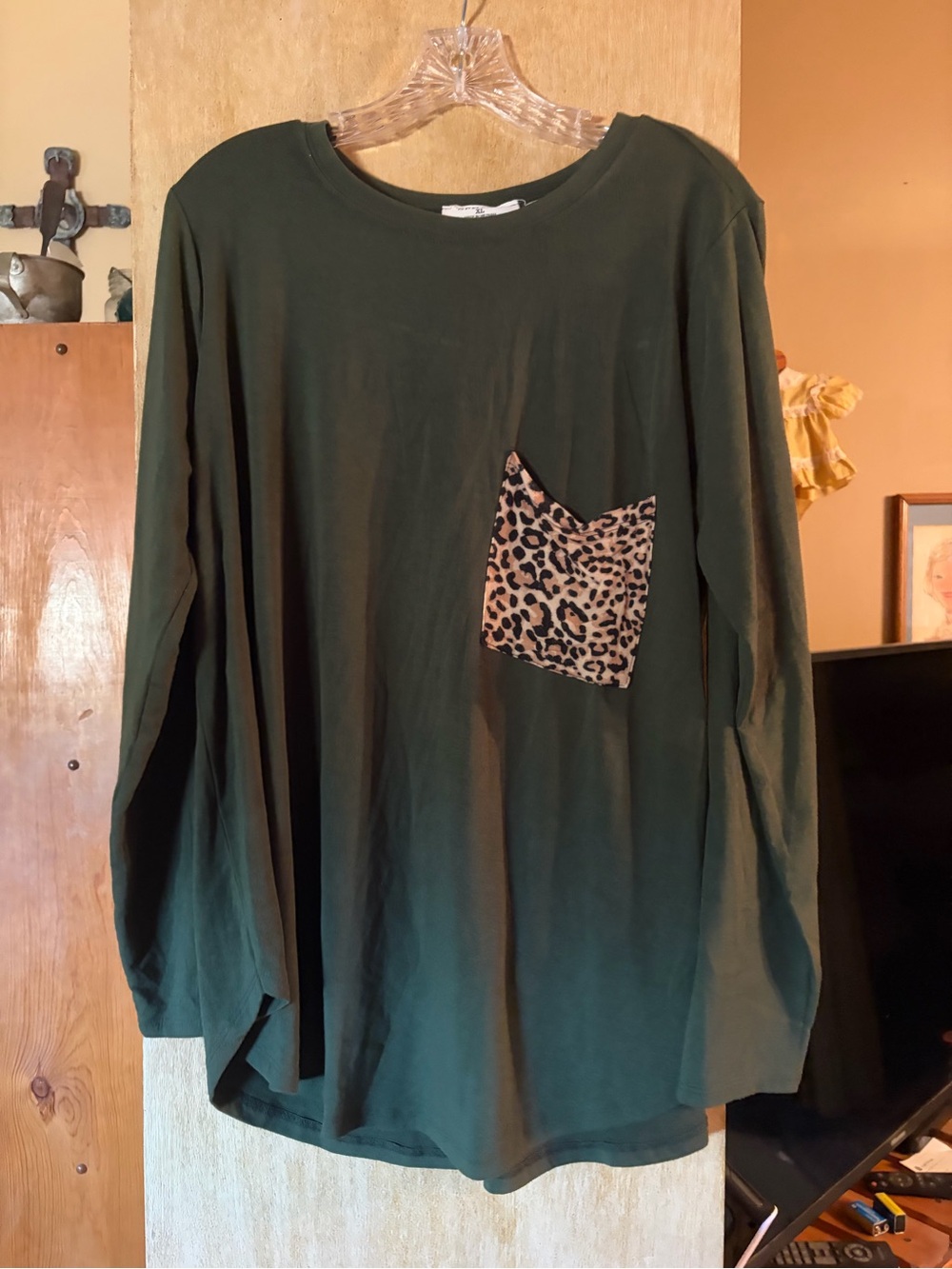 Zenana Outfitters Dark Green Long Sleeve Tee with Leopard Pocket